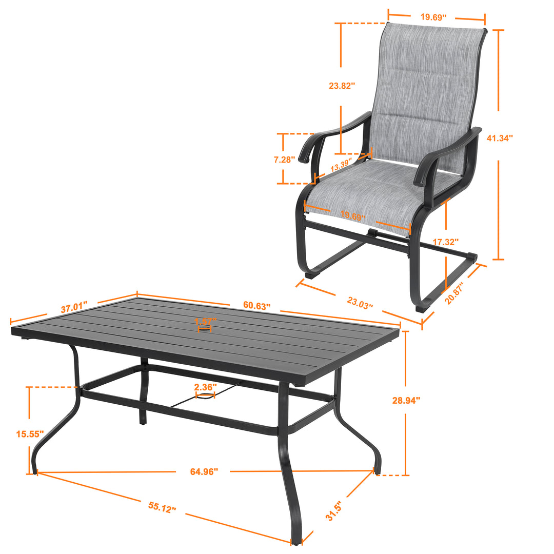 7 Piece Outdoor Dining Set, Rectangle Steel Umbrella Dining Table and 6 C-spring Motion Textilene Chairs