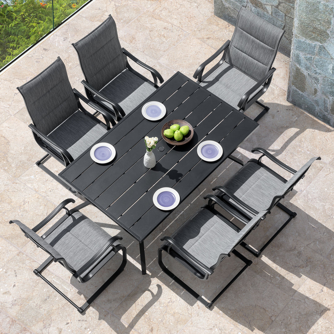 7 Piece Outdoor Dining Set, Rectangle Steel Umbrella Dining Table and 6 C-spring Motion Textilene Chairs