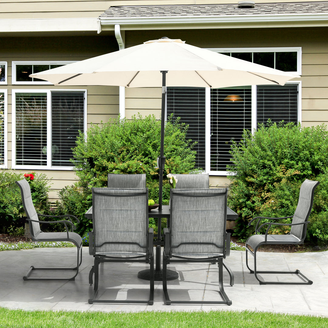 7 Piece Outdoor Dining Set, Rectangle Steel Umbrella Dining Table and 6 C-spring Motion Textilene Chairs