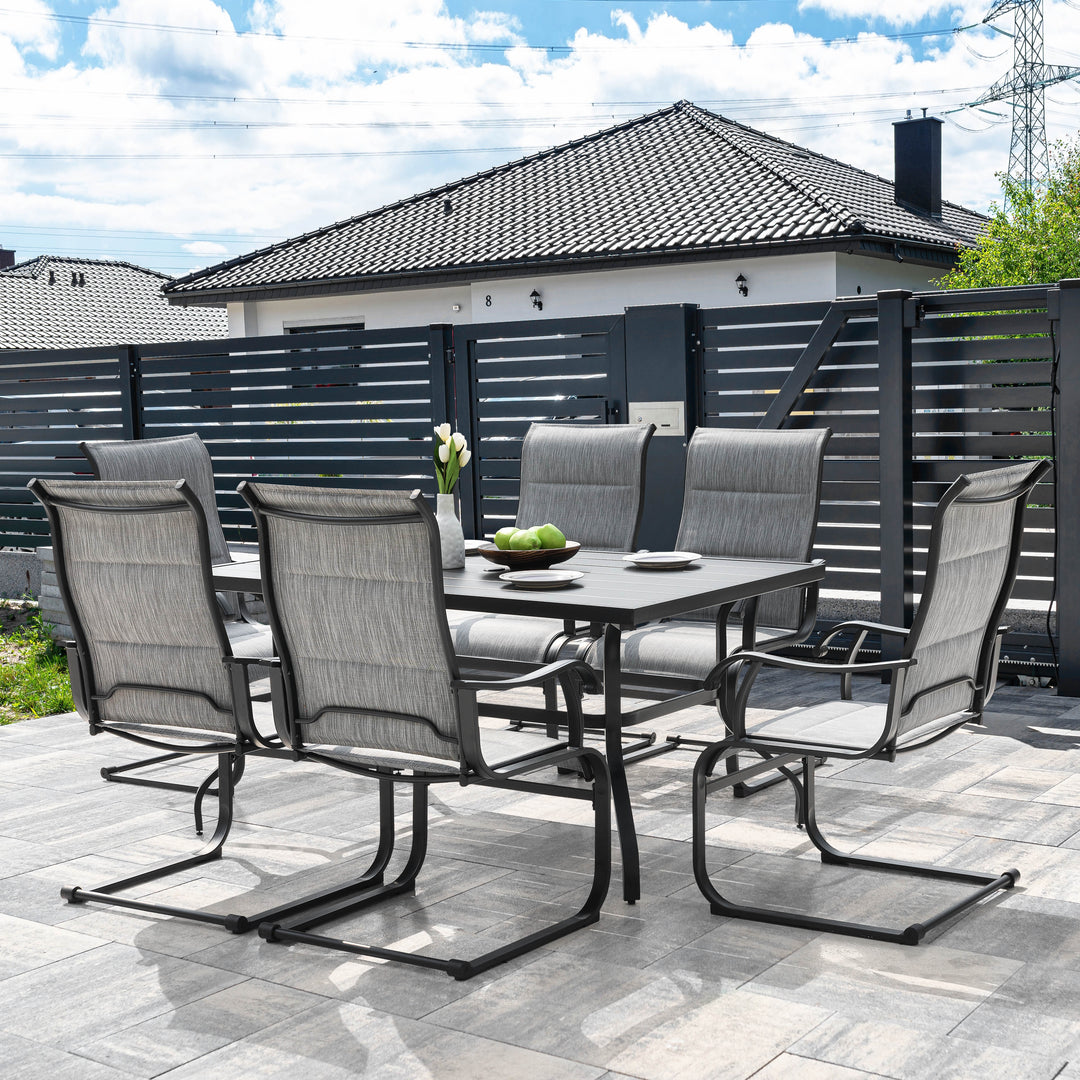 7 Piece Outdoor Dining Set, Rectangle Steel Umbrella Dining Table and 6 C-spring Motion Textilene Chairs