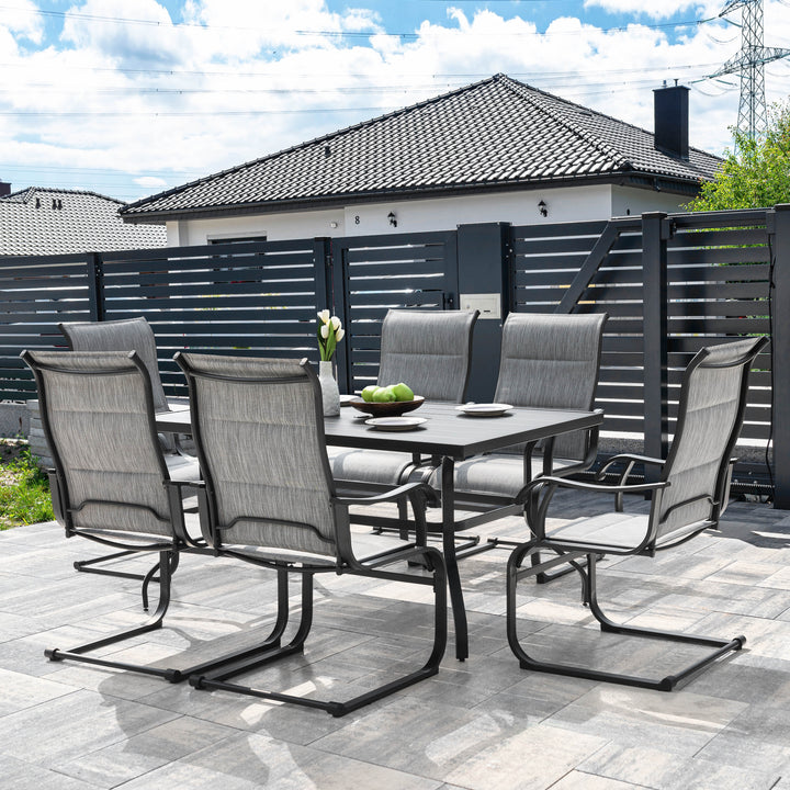 7 Piece Outdoor Dining Set, Rectangle Steel Umbrella Dining Table and 6 C-spring Motion Textilene Chairs
