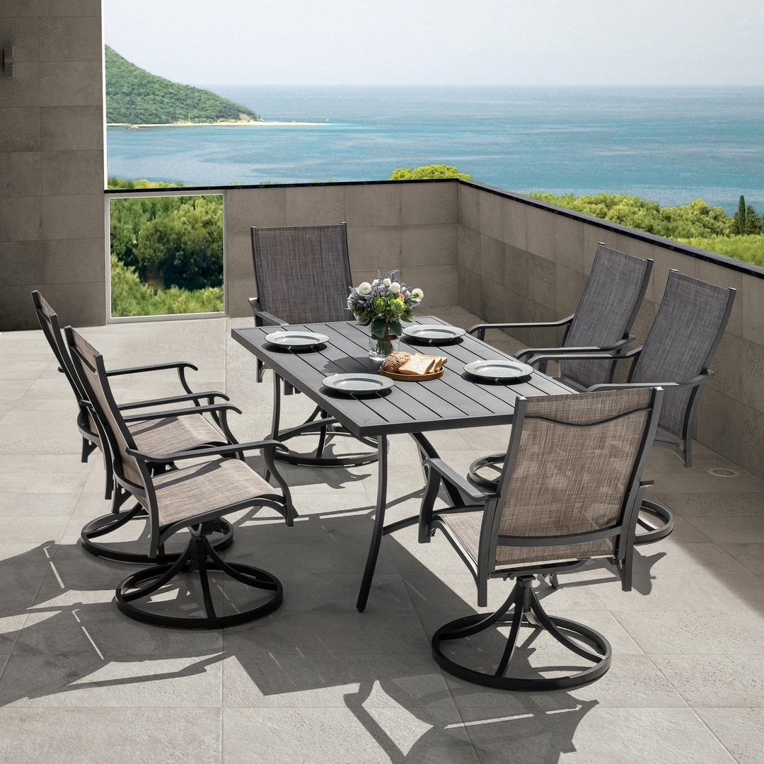 Patio Textilene Swivel Chairs and Aluminum Dining Table for 6