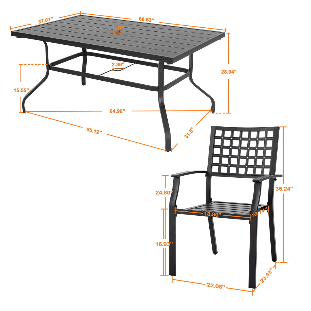 Nuu Garden 7-Piece Iron Dining Set with 1.57'' Umbrella Hole, Black