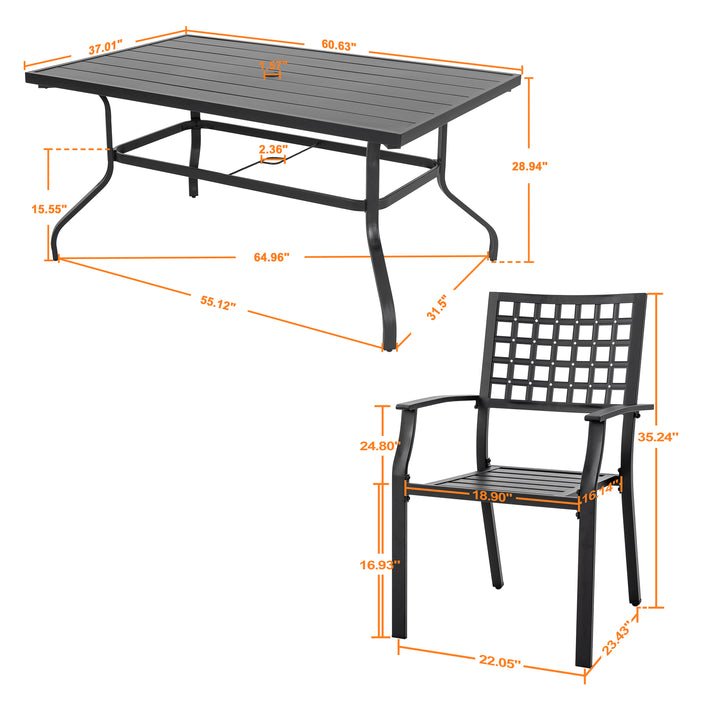 Nuu Garden 7-Piece Iron Dining Set with 1.57'' Umbrella Hole, Black