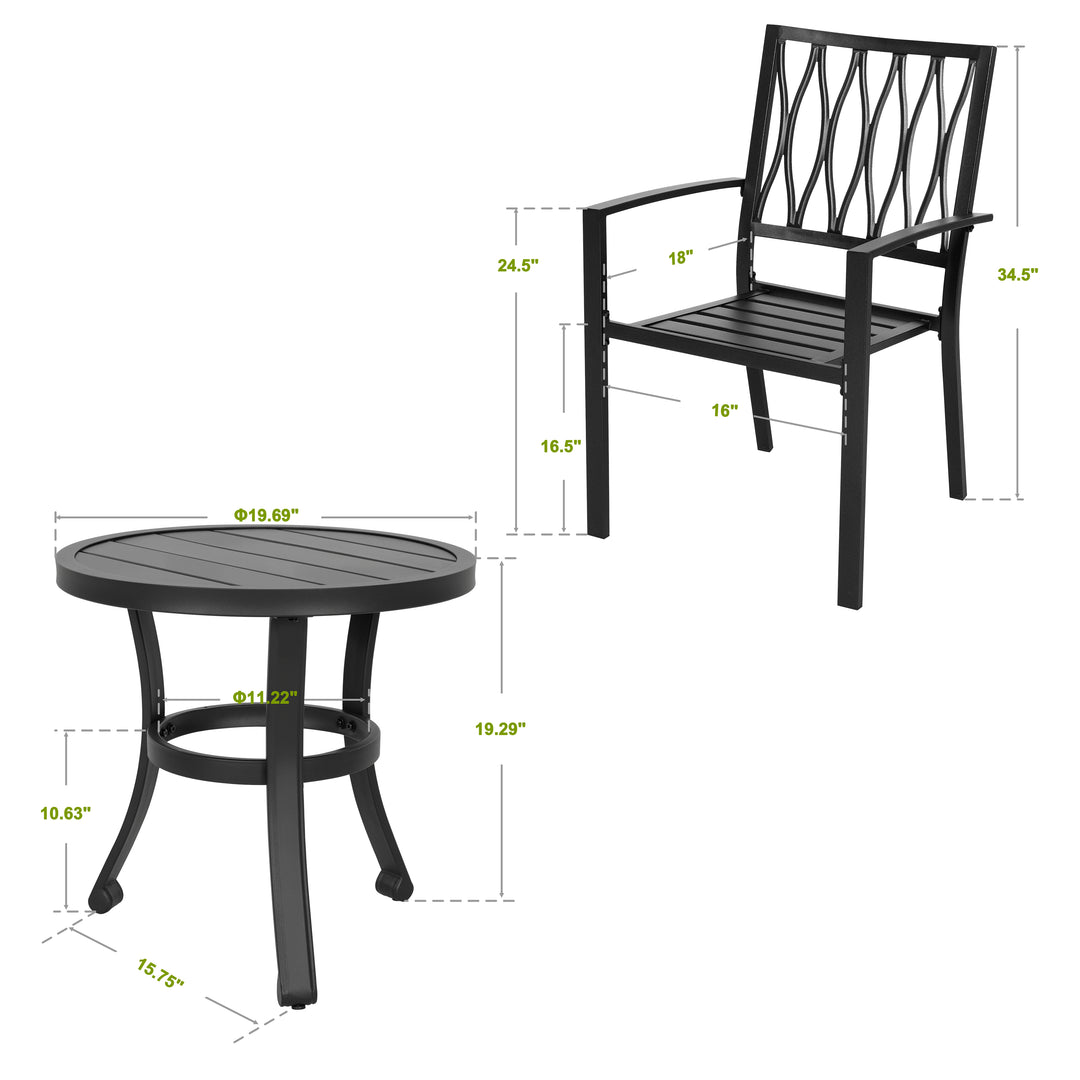 Outdoor 3-Piece Iron Bistro Set, Powder-Coated Finish, Black