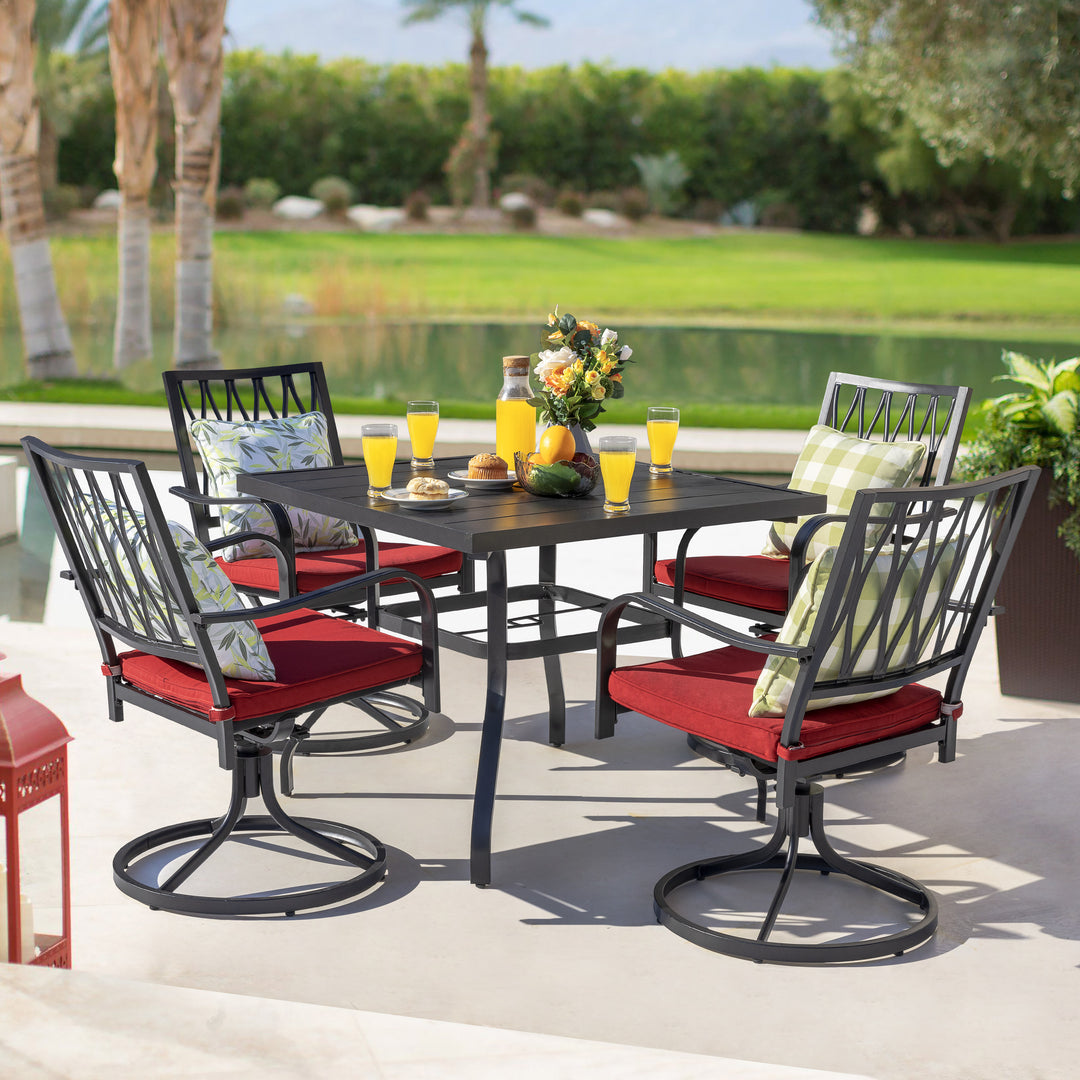 5-Piece Outdoor Dining Set, Outdoor Furniture Set for Square Iron Umbrella Dining Table and 4 Cushioned Swivel Chairs, Black and Red Color