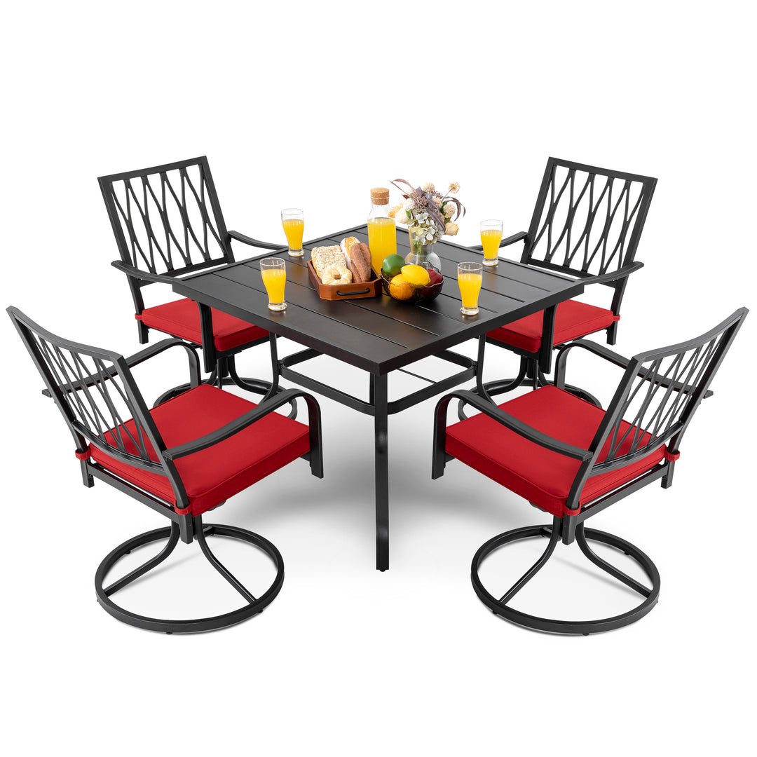 5-Piece Outdoor Dining Set, Outdoor Furniture Set for Square Iron Umbrella Dining Table and 4 Cushioned Swivel Chairs, Black and Red Color