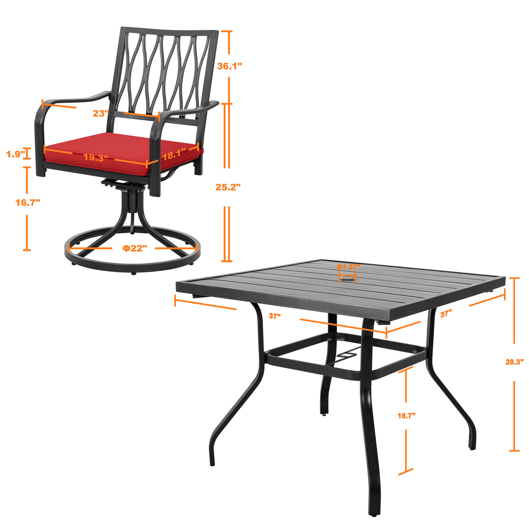 5-Piece Outdoor Dining Set, Outdoor Furniture Set for Square Iron Umbrella Dining Table and 4 Cushioned Swivel Chairs, Black and Red Color