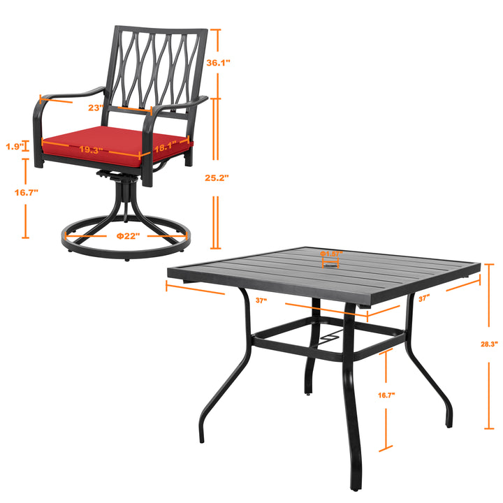 5-Piece Outdoor Dining Set, Outdoor Furniture Set for Square Iron Umbrella Dining Table and 4 Cushioned Swivel Chairs, Black and Red Color