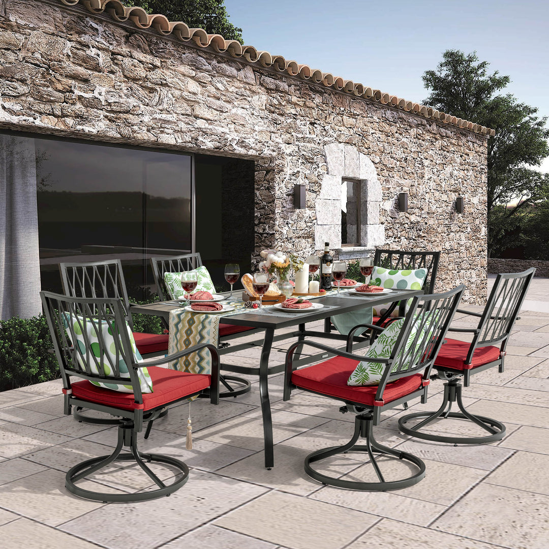 7-Piece Outdoor Dining Set, Outdoor Furniture Set for Rectangle Iron Umbrella Dining Table and 6 Cushioned Swivel Chairs, Black and Red Color