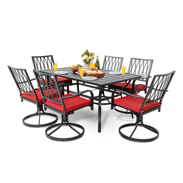 7-Piece Outdoor Dining Set, Outdoor Furniture Set for Rectangle Iron Umbrella Dining Table and 6 Cushioned Swivel Chairs, Black and Red Color