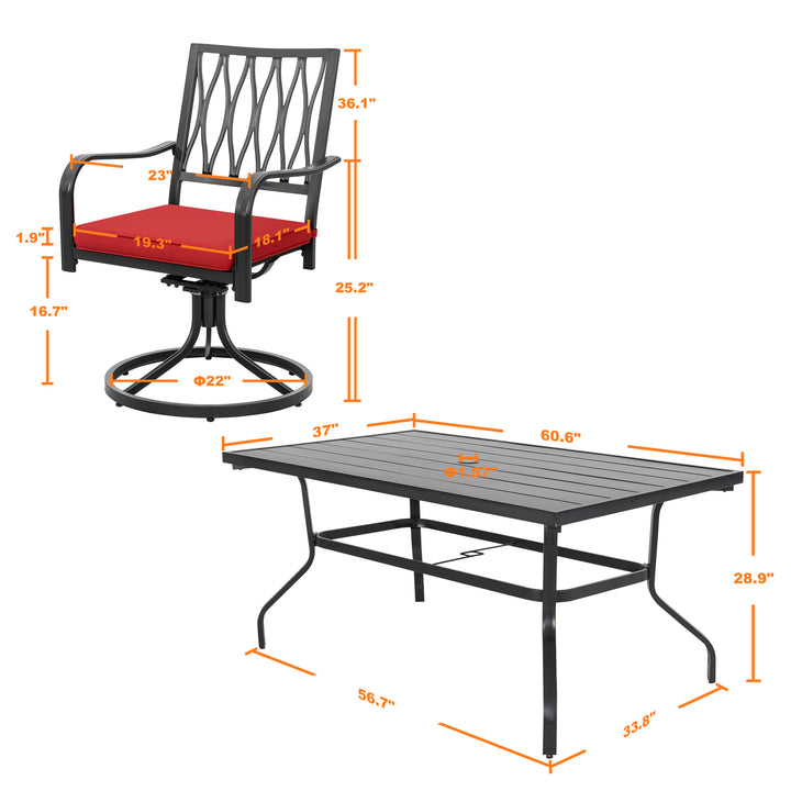 7-Piece Outdoor Dining Set, Outdoor Furniture Set for Rectangle Iron Umbrella Dining Table and 6 Cushioned Swivel Chairs, Black and Red Color