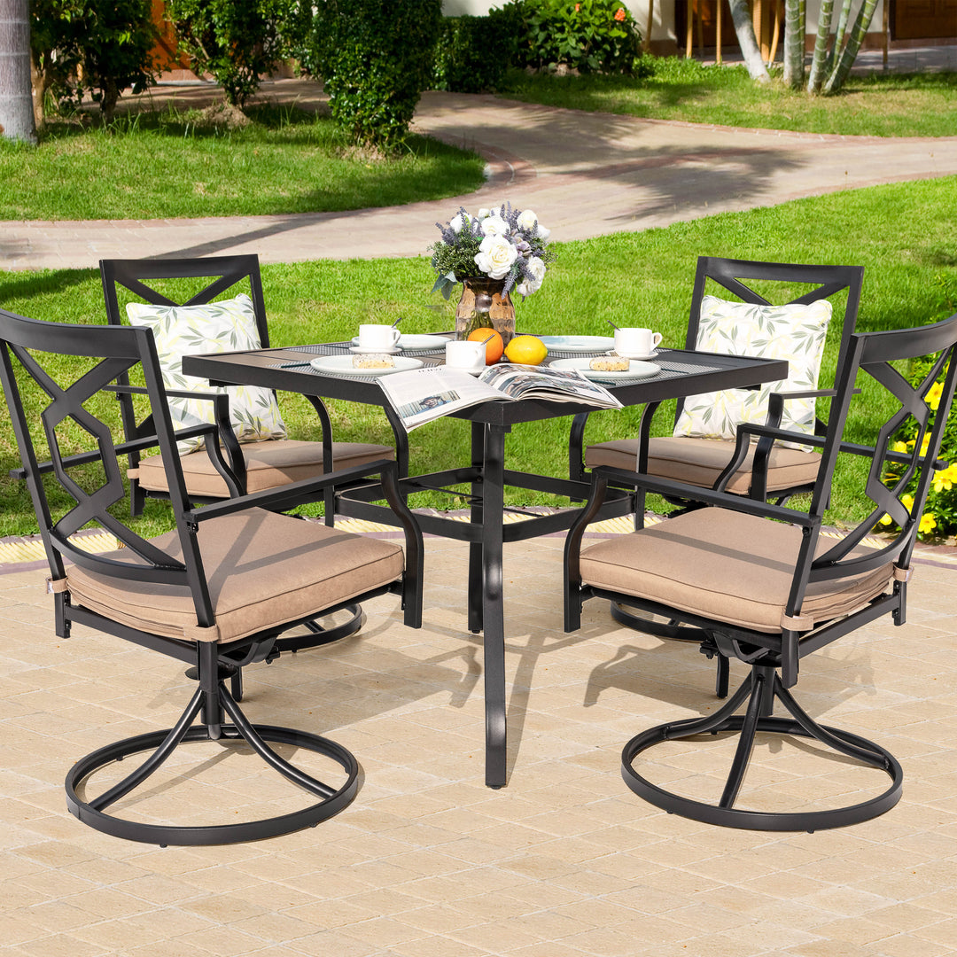 5-Piece Outdoor Patio Dining Set, 4 Swivel Rocker Chairs with Padded Cushions, Black with Gold Speckles and Beige Color