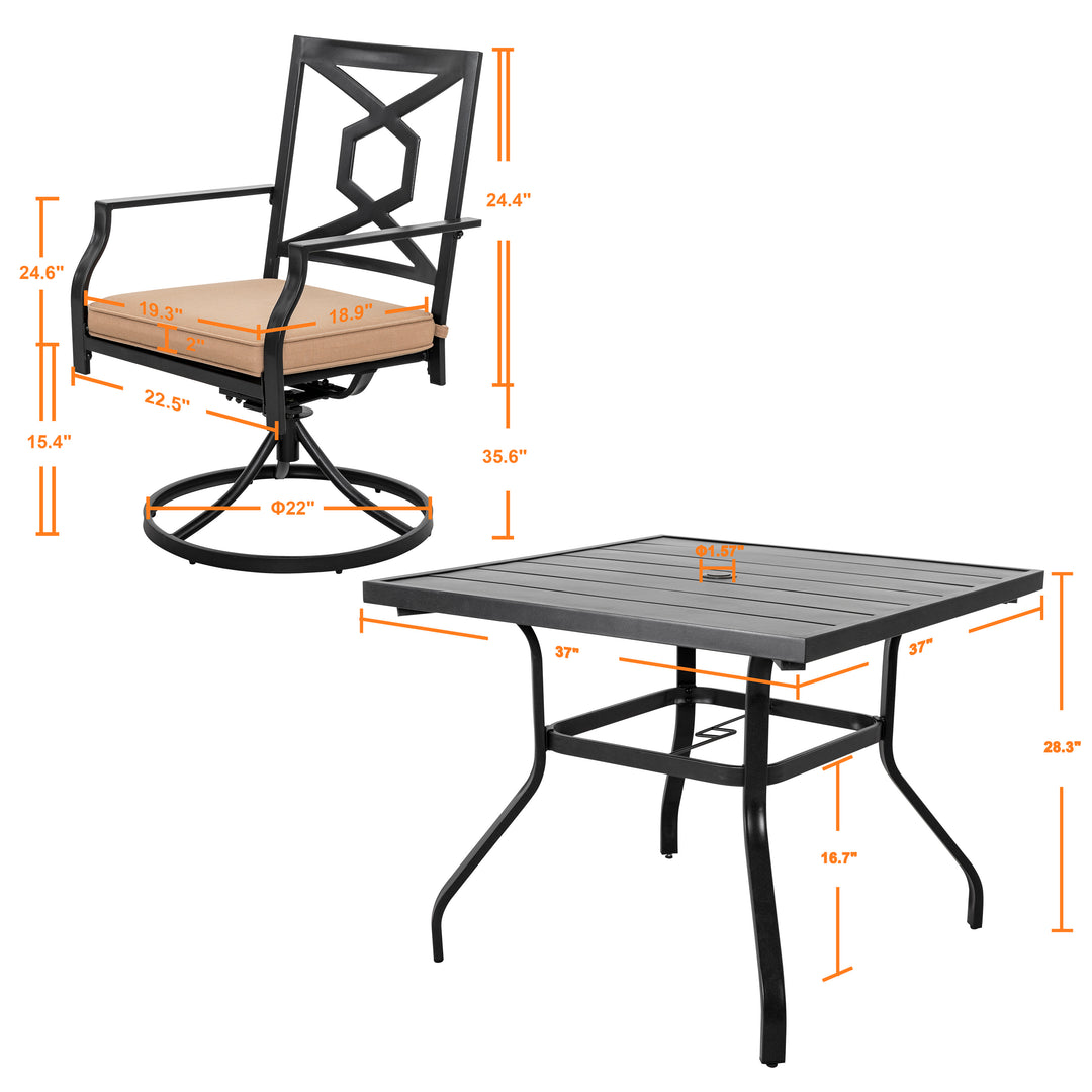 5-Piece Outdoor Patio Dining Set, 4 Swivel Rocker Chairs with Padded Cushions, Black with Gold Speckles and Beige Color