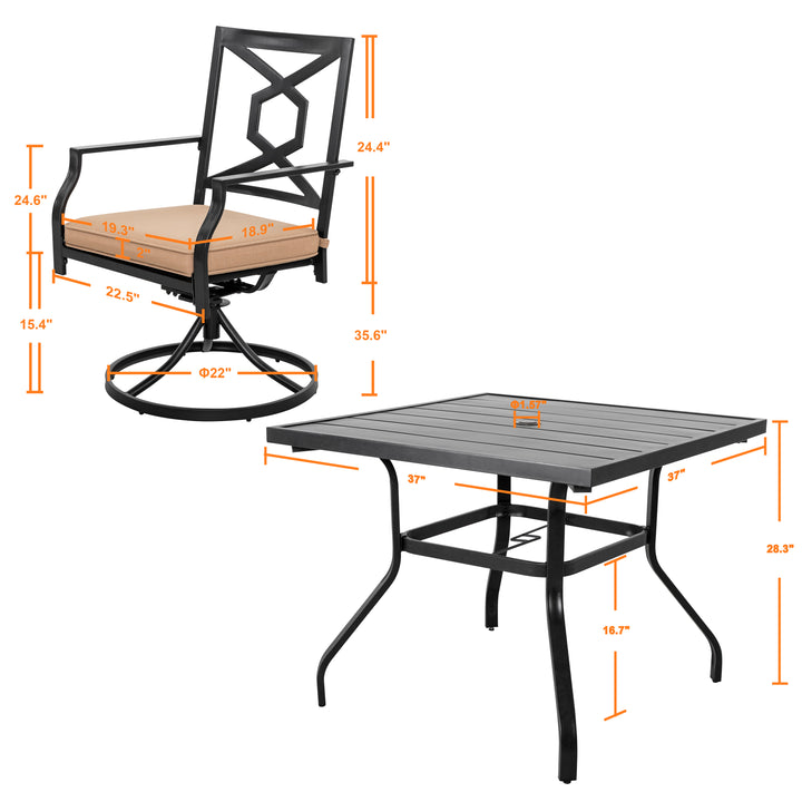 5-Piece Outdoor Patio Dining Set, 4 Swivel Rocker Chairs with Padded Cushions, Black with Gold Speckles and Beige Color