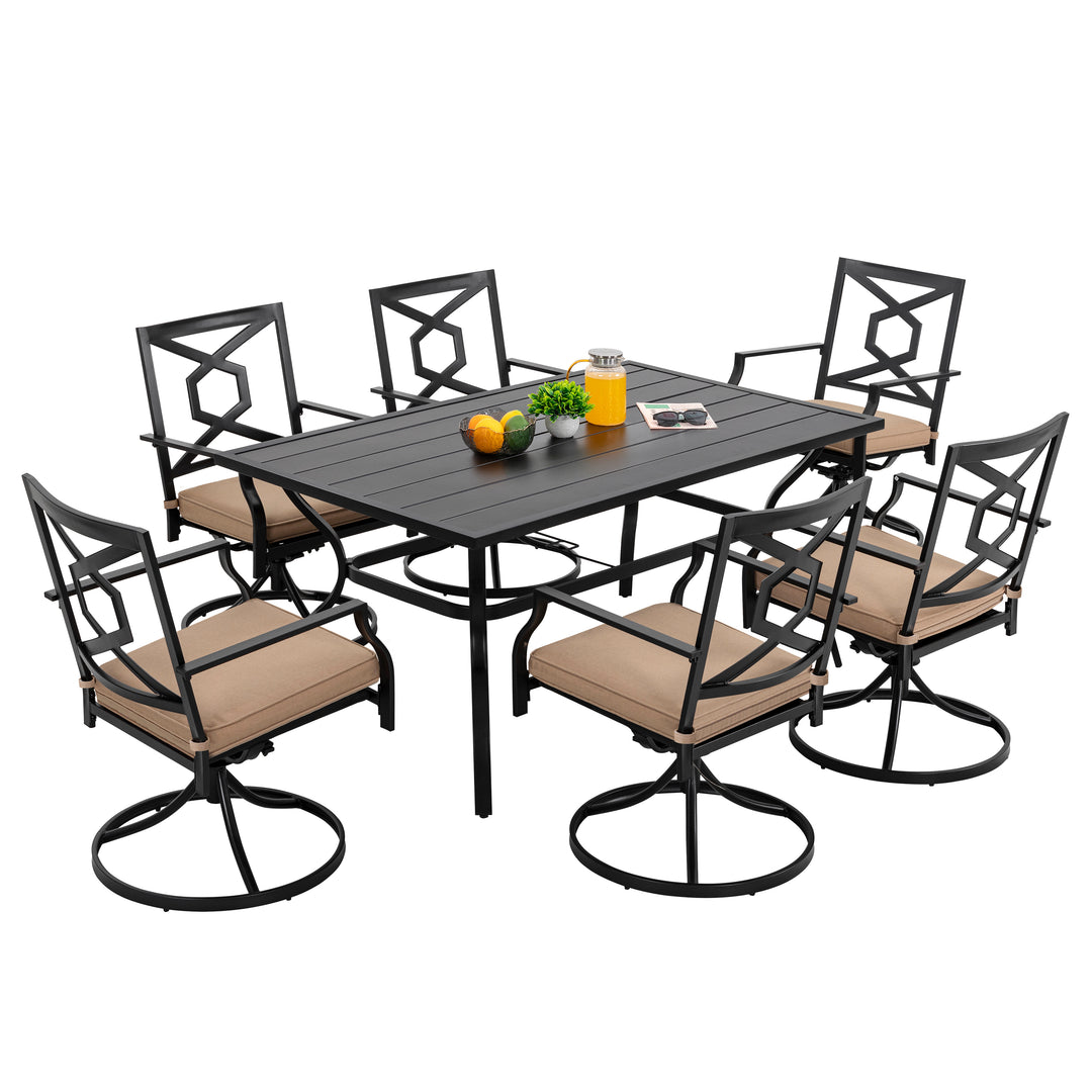 7-Piece Outdoor Patio Dining Set, 6 Swivel Rocker Chairs with Padded Cushions,Black with Gold Speckles and Beige Color