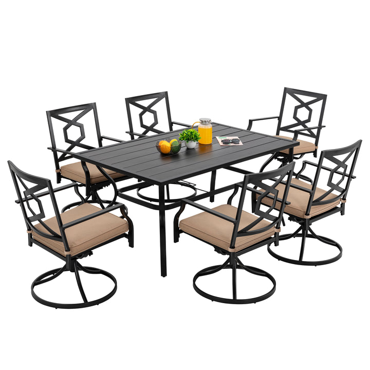 7-Piece Outdoor Patio Dining Set, 6 Swivel Rocker Chairs with Padded Cushions,Black with Gold Speckles and Beige Color