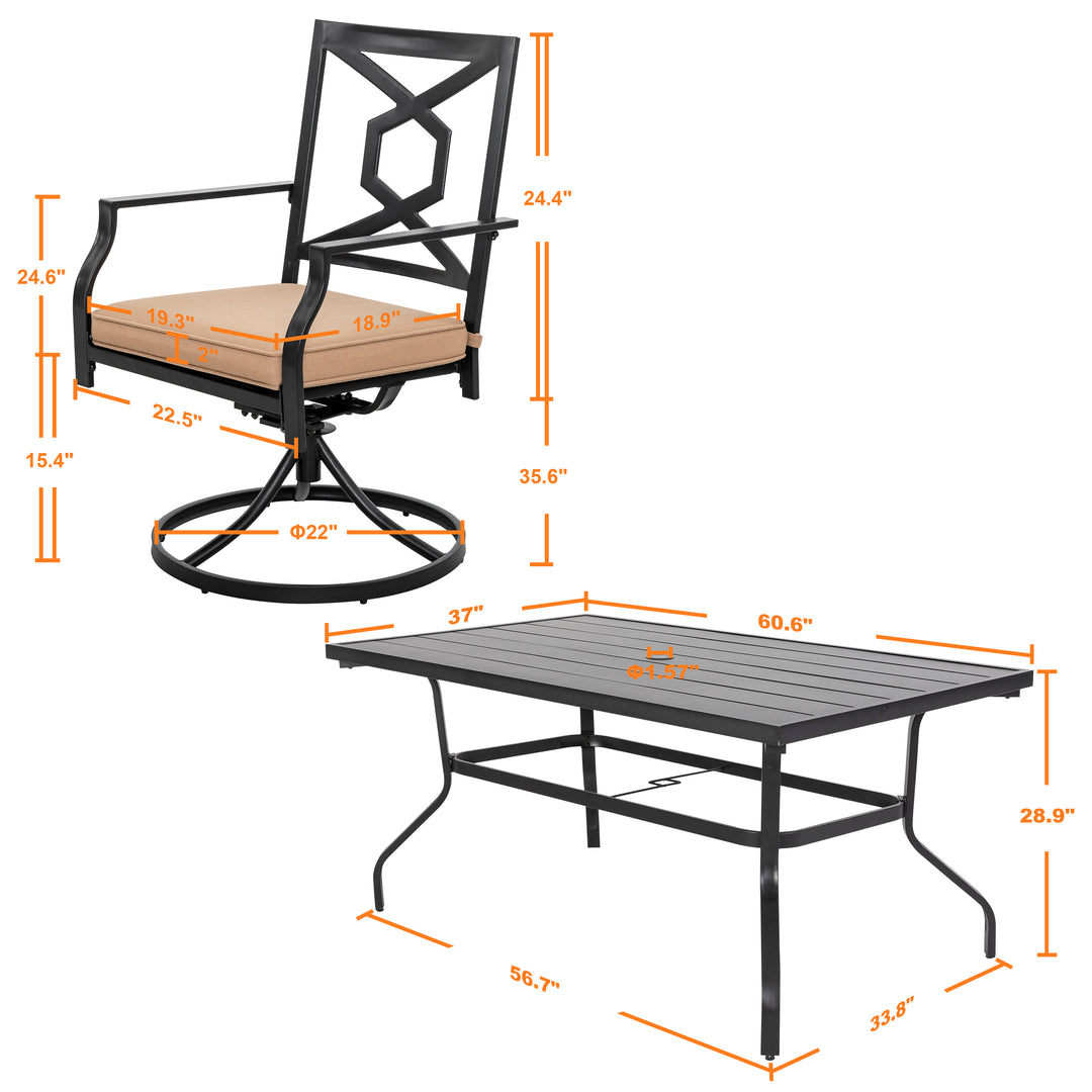 7-Piece Outdoor Patio Dining Set, 6 Swivel Rocker Chairs with Padded Cushions,Black with Gold Speckles and Beige Color