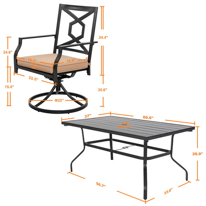 7-Piece Outdoor Patio Dining Set, 6 Swivel Rocker Chairs with Padded Cushions,Black with Gold Speckles and Beige Color