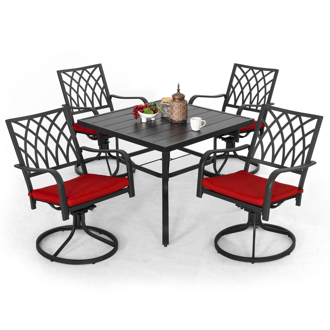 Patio Table and Chairs Set 5 Pieces, Outdoor Metal Dining Set with Umbrella Hole, Square Outdoor Dining Table with 4 Swivel Chairs and Red Cushions, Patio Dining Set for Balcony, Garden, Black