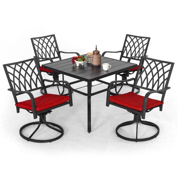 Patio Table and Chairs Set 5 Pieces, Outdoor Metal Dining Set with Umbrella Hole, Square Outdoor Dining Table with 4 Swivel Chairs and Red Cushions, Patio Dining Set for Balcony, Garden, Black