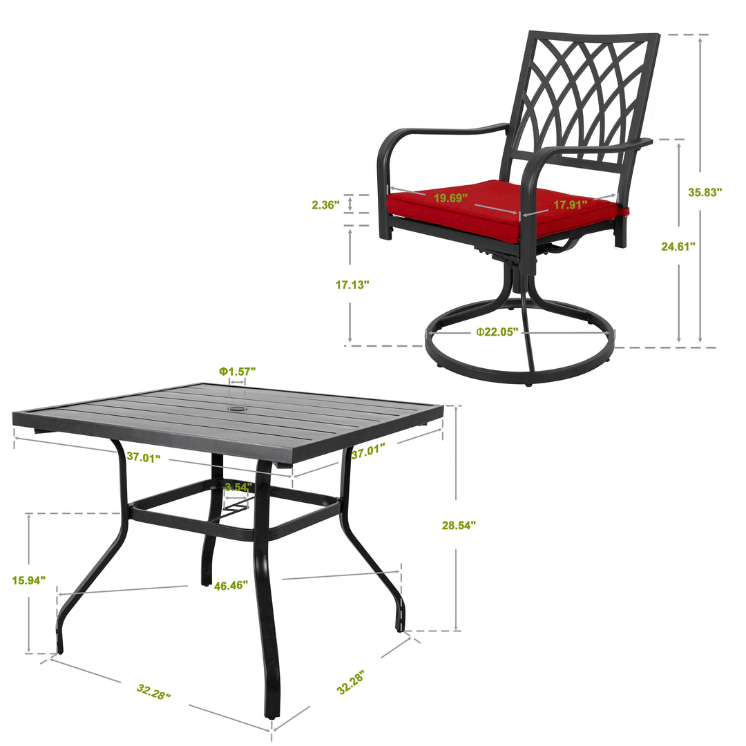 Patio Table and Chairs Set 5 Pieces, Outdoor Metal Dining Set with Umbrella Hole, Square Outdoor Dining Table with 4 Swivel Chairs and Red Cushions, Patio Dining Set for Balcony, Garden, Black