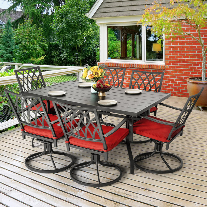 Patio Table and Chairs Set 5 Pieces, Outdoor Metal Dining Set with Umbrella Hole, Square Outdoor Dining Table with 4 Swivel Chairs and Red Cushions, Patio Dining Set for Balcony, Garden, Black