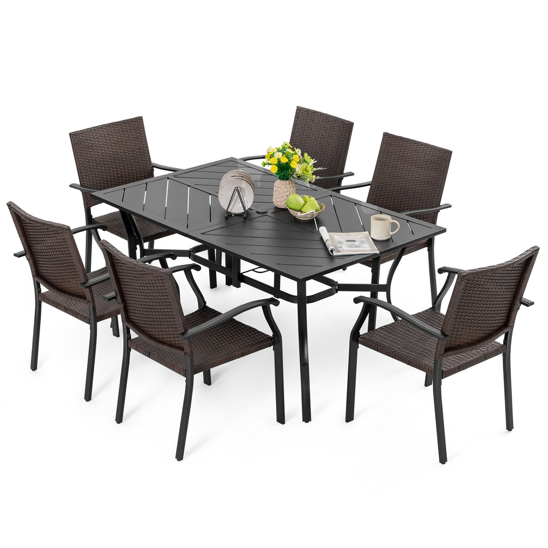 Outdoor 7-Piece Metal Wicker Dining Set with 1.77'' Umbrella Hole, Black