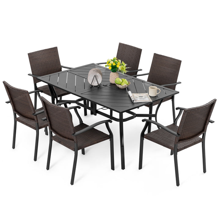 Outdoor 7-Piece Metal Wicker Dining Set with 1.77'' Umbrella Hole, Black