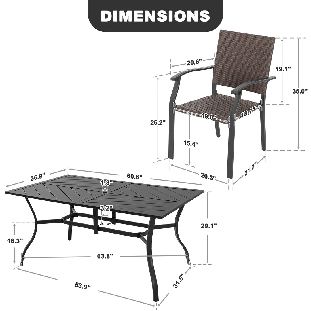 Outdoor 7-Piece Metal Wicker Dining Set with 1.77'' Umbrella Hole, Black