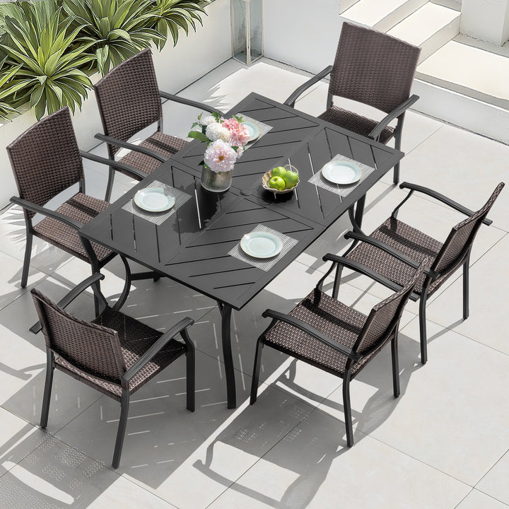 Outdoor 7-Piece Metal Wicker Dining Set with 1.77'' Umbrella Hole, Black