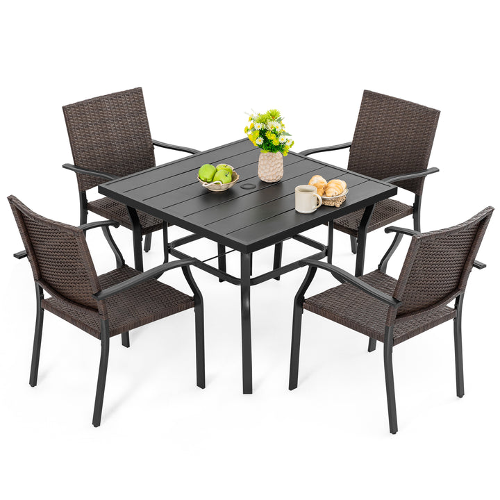 5 Piece Outdoor Dining Set, 4 Wicker Chairs and Iron Table with Umbrella Hole