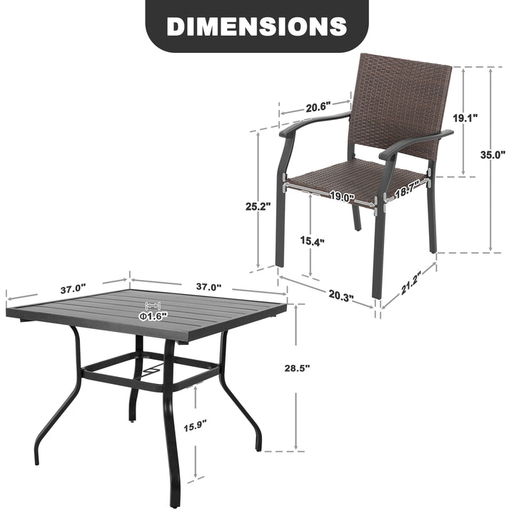 5 Piece Outdoor Dining Set, 4 Wicker Chairs and Iron Table with Umbrella Hole