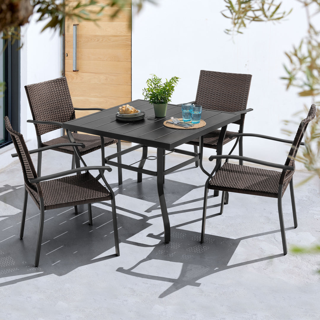 5 Piece Outdoor Dining Set, 4 Wicker Chairs and Iron Table with Umbrella Hole