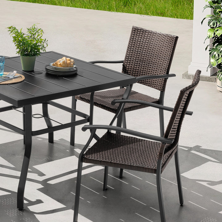 5 Piece Outdoor Dining Set, 4 Wicker Chairs and Iron Table with Umbrella Hole