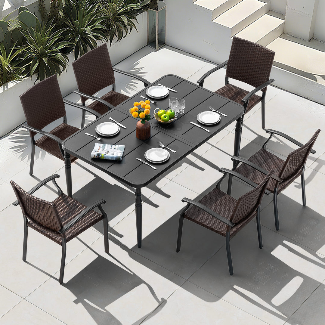 Outdoor 7-Piece Metal Wicker Dining Set with 1.6'' Umbrella Hole, Black
