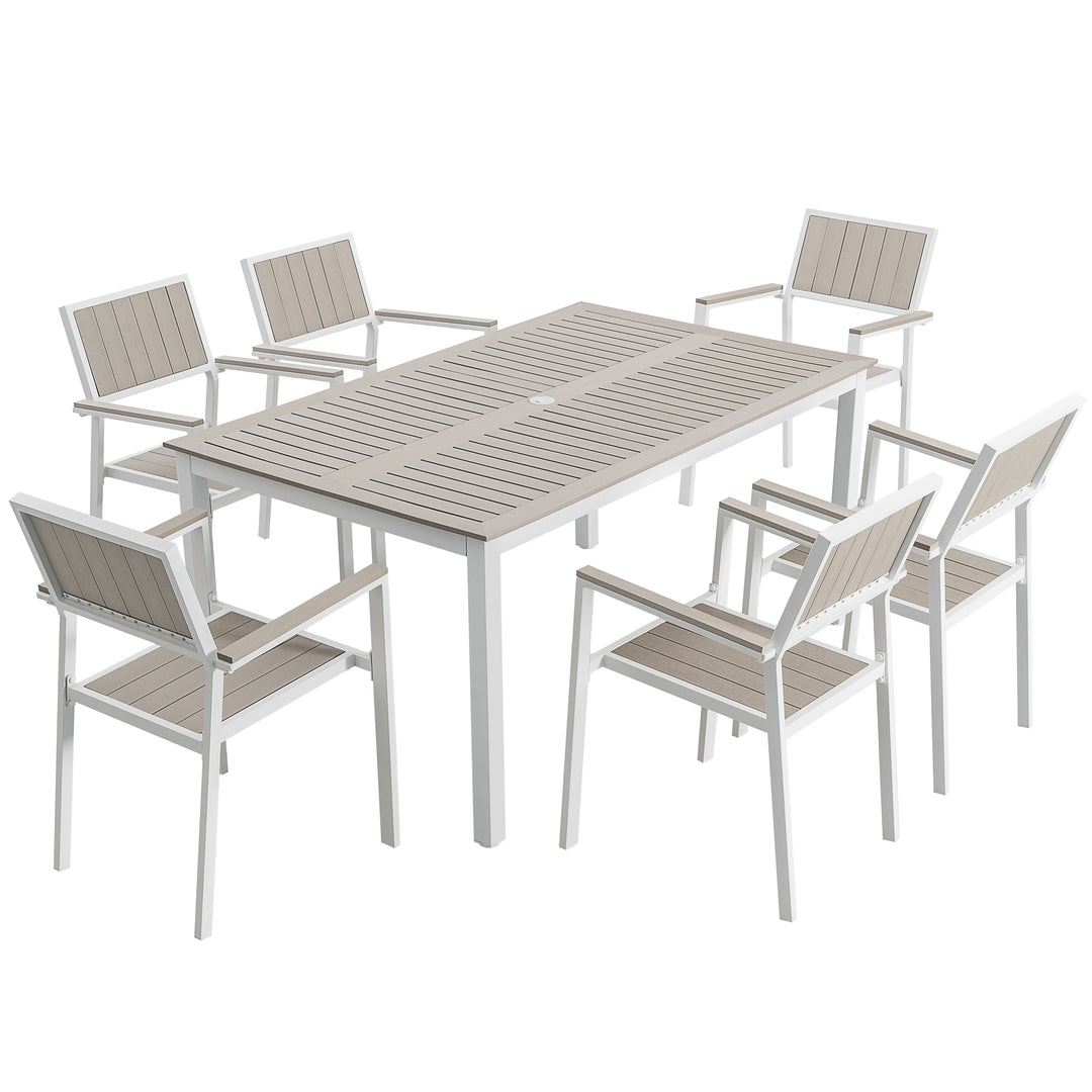 Nuu Garden Patio Dining Set for 6 Faux Wood Outdoor Furniture with Umbrella Hole Patio Table Set with 6 Stackable Chairs for Outside Garden Yard Deck, Light Brown