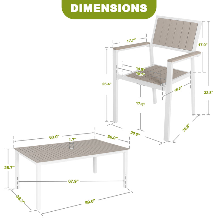 Nuu Garden Patio Dining Set for 6 Faux Wood Outdoor Furniture with Umbrella Hole Patio Table Set with 6 Stackable Chairs for Outside Garden Yard Deck, Light Brown