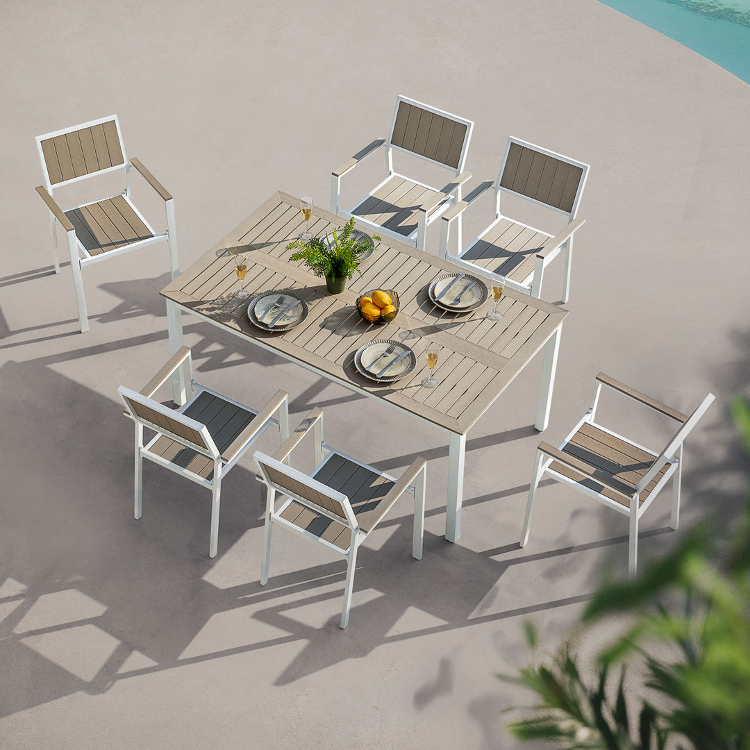 Nuu Garden Patio Dining Set for 6 Faux Wood Outdoor Furniture with Umbrella Hole Patio Table Set with 6 Stackable Chairs for Outside Garden Yard Deck, Light Brown