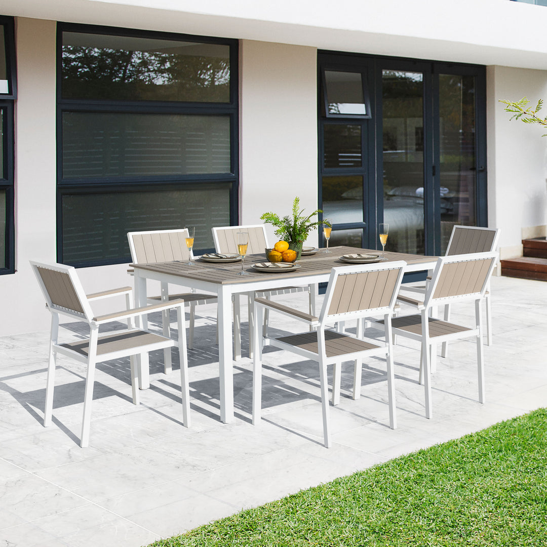 Nuu Garden Patio Dining Set for 6 Faux Wood Outdoor Furniture with Umbrella Hole Patio Table Set with 6 Stackable Chairs for Outside Garden Yard Deck, Light Brown
