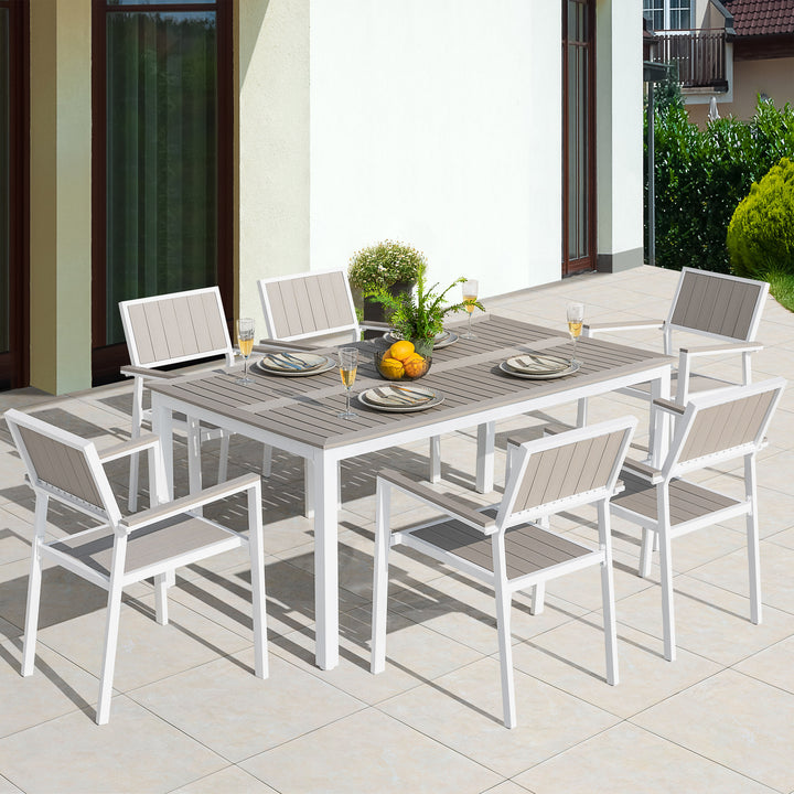 Nuu Garden Patio Dining Set for 6 Faux Wood Outdoor Furniture with Umbrella Hole Patio Table Set with 6 Stackable Chairs for Outside Garden Yard Deck, Light Brown
