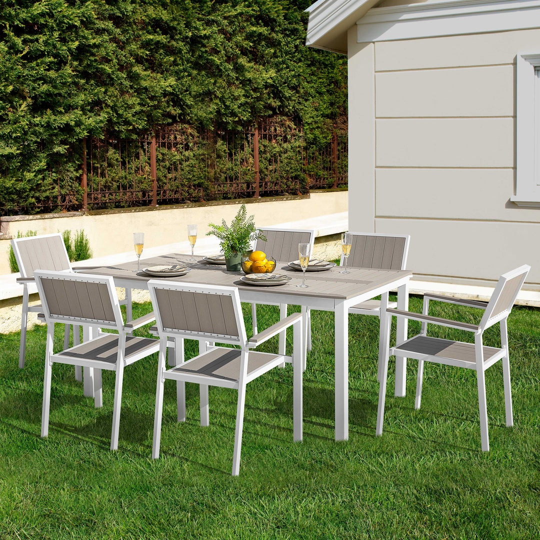 Nuu Garden Patio Dining Set for 6 Faux Wood Outdoor Furniture with Umbrella Hole Patio Table Set with 6 Stackable Chairs for Outside Garden Yard Deck, Light Brown