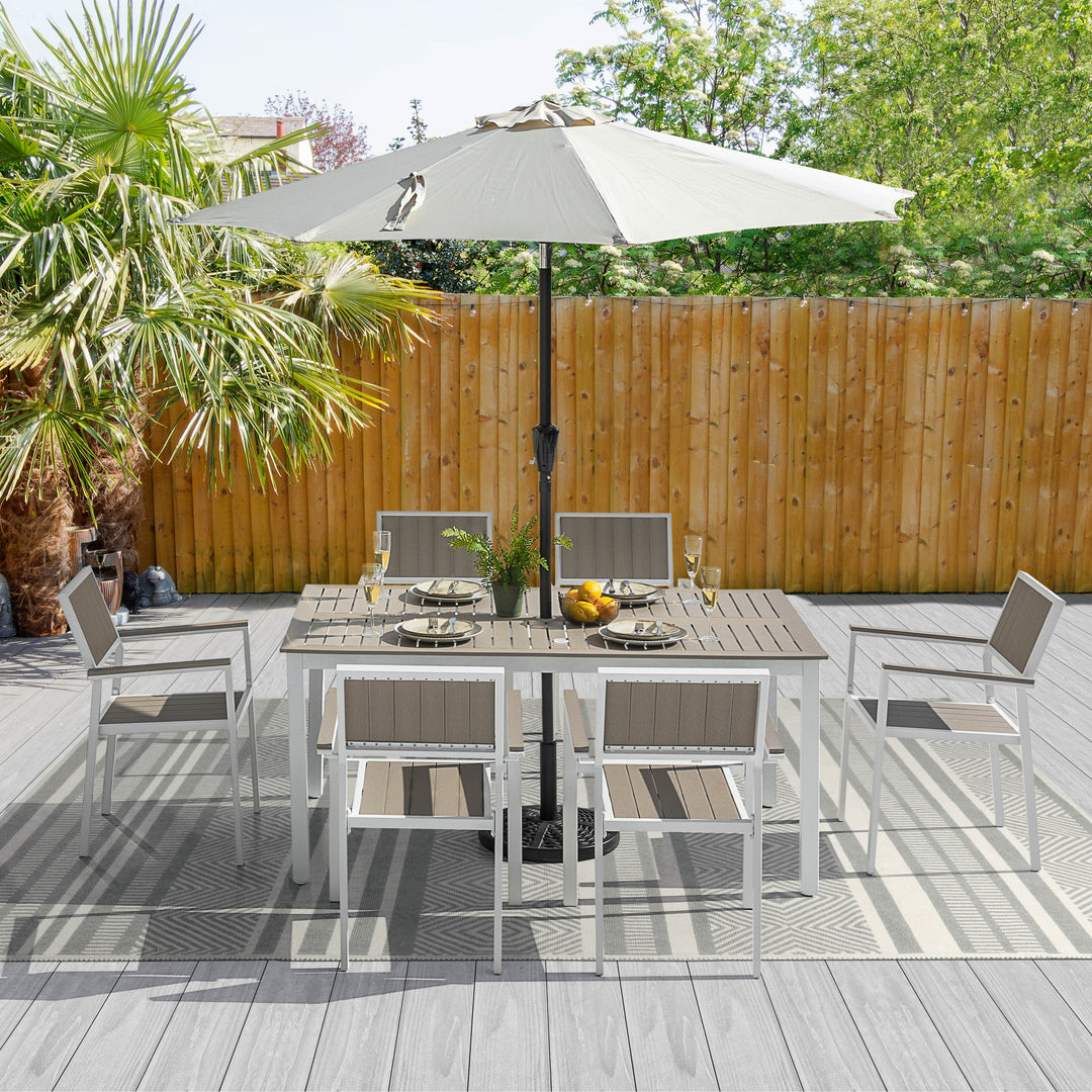 Nuu Garden Patio Dining Set for 6 Faux Wood Outdoor Furniture with Umbrella Hole Patio Table Set with 6 Stackable Chairs for Outside Garden Yard Deck, Light Brown