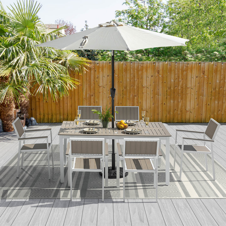 Nuu Garden Patio Dining Set for 6 Faux Wood Outdoor Furniture with Umbrella Hole Patio Table Set with 6 Stackable Chairs for Outside Garden Yard Deck, Light Brown