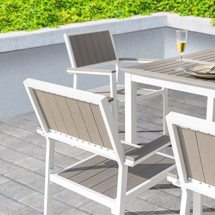 Nuu Garden Patio Dining Set for 6 Faux Wood Outdoor Furniture with Umbrella Hole Patio Table Set with 6 Stackable Chairs for Outside Garden Yard Deck, Light Brown