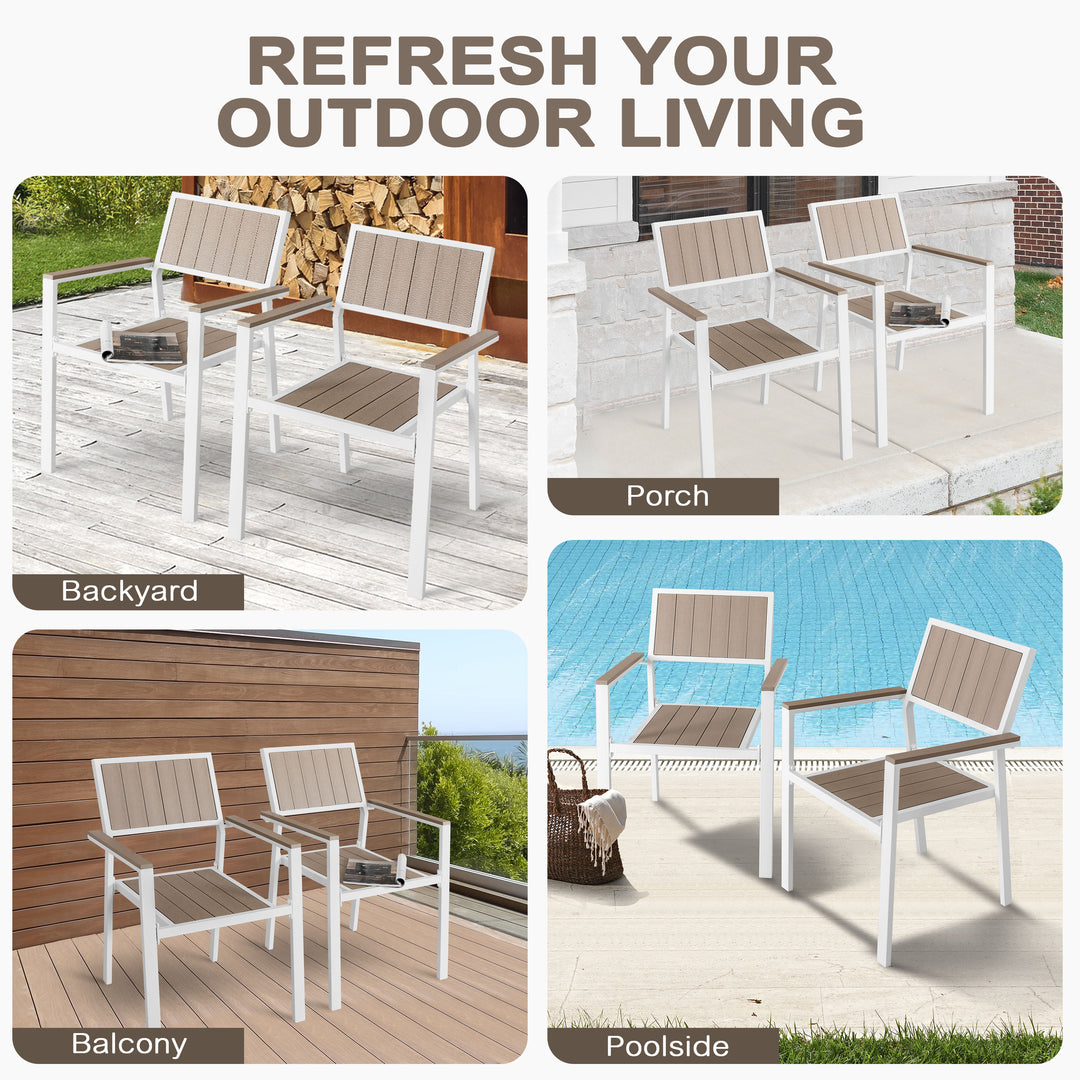 Nuu Garden Patio Dining Set for 6 Faux Wood Outdoor Furniture with Umbrella Hole Patio Table Set with 6 Stackable Chairs for Outside Garden Yard Deck, Light Brown