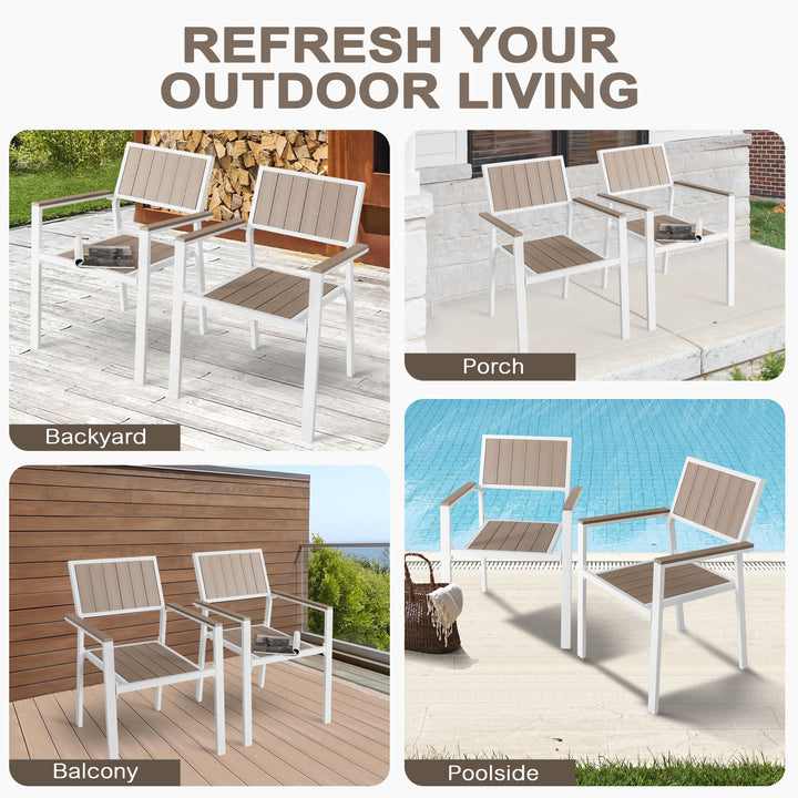 Nuu Garden Patio Dining Set for 6 Faux Wood Outdoor Furniture with Umbrella Hole Patio Table Set with 6 Stackable Chairs for Outside Garden Yard Deck, Light Brown