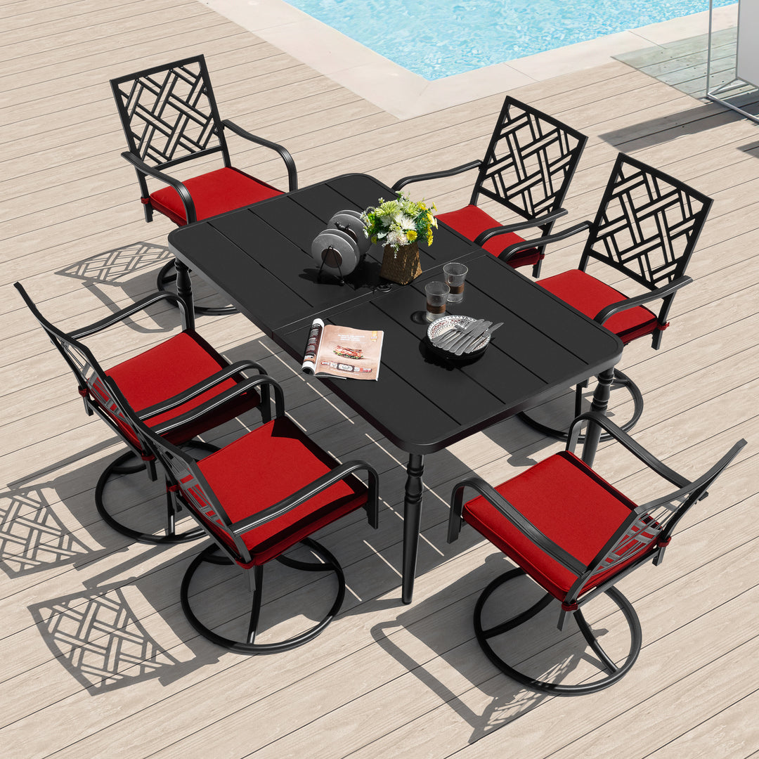7PCS Metal Patio Dining Set with Umbrella Hole, Swivel Chairs with Cushions