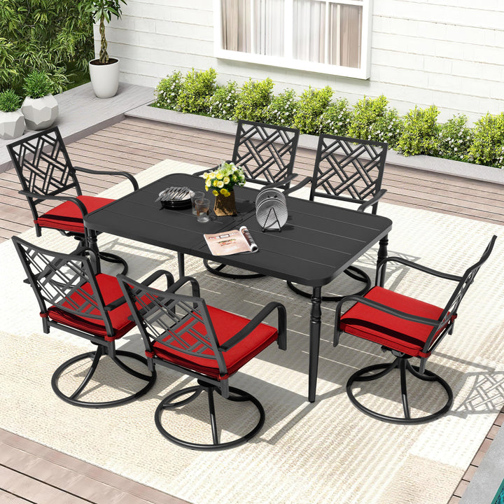7PCS Metal Patio Dining Set with Umbrella Hole, Swivel Chairs with Cushions
