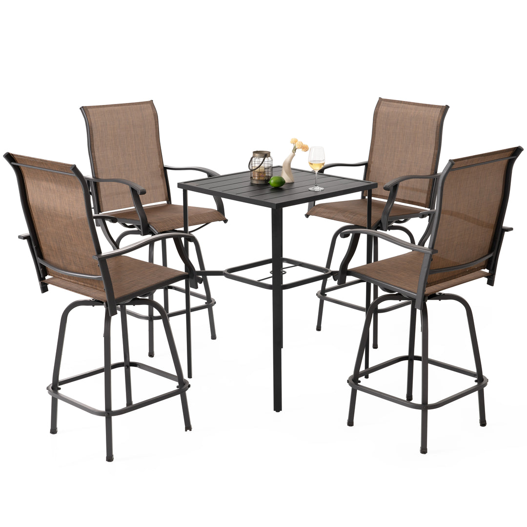 Outdoor 5-Piece Textilene Bar Set, Swivel Bar Stools and Umbrella Hole